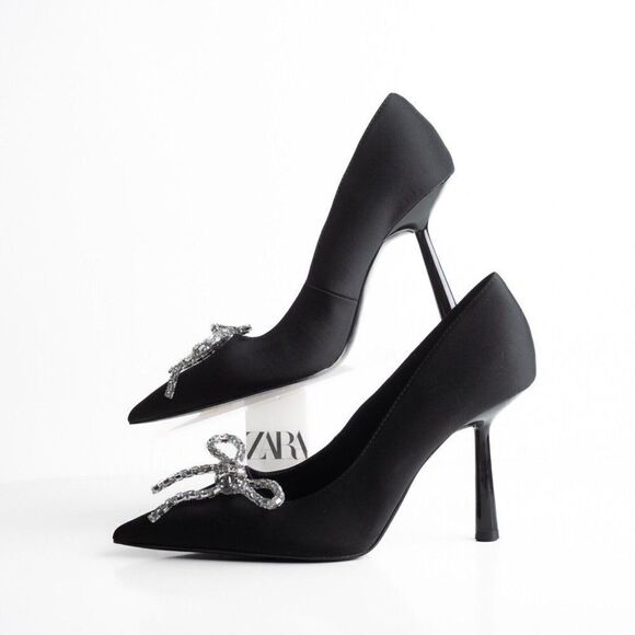 Zara Womens Rhinestone Bow Pointed Heels Pumps Black US 10 EU 41 NWT 2247/010 - Picture 5 of 8